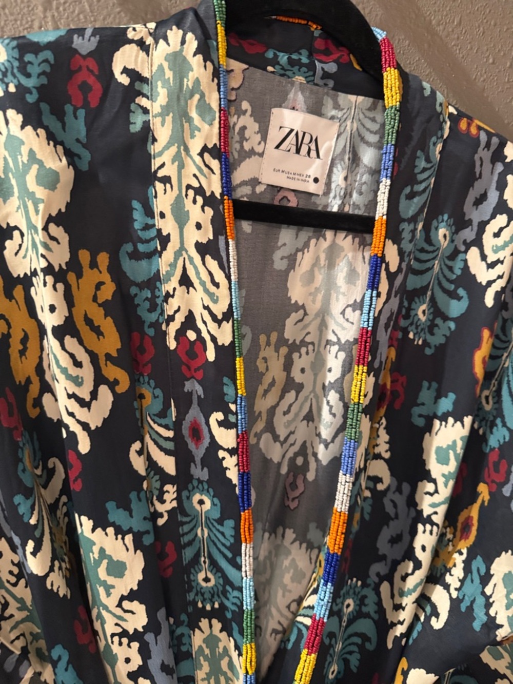 Zara Navy Floral-Print Kimono Robe with Teal, Cream & Mustard Accents - Picture 3 of 5